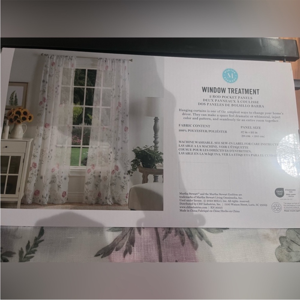 Martha Stewart Garden Print Sheer Curtains - White and Pink - Picture 2 of 4